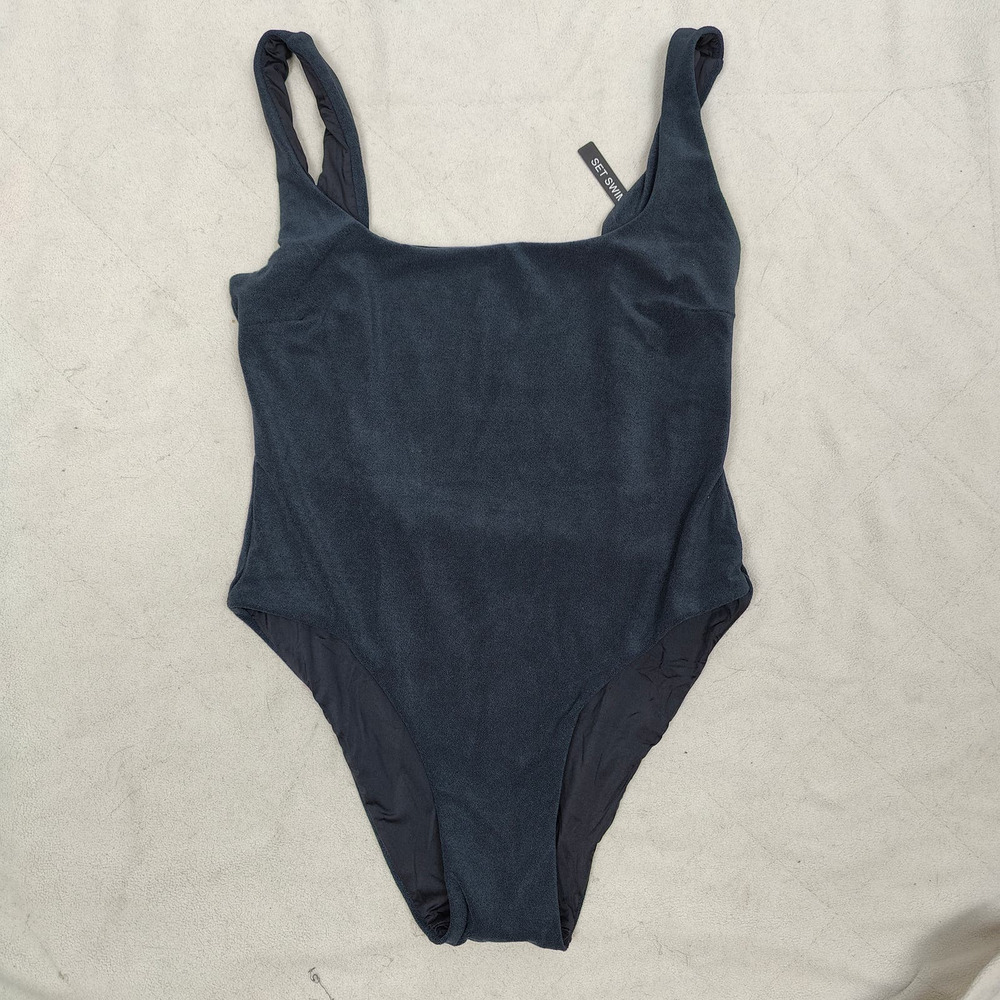 Set Active Swim One Piece Swimsuit Womens XL Black Terry Scoop Back NWT